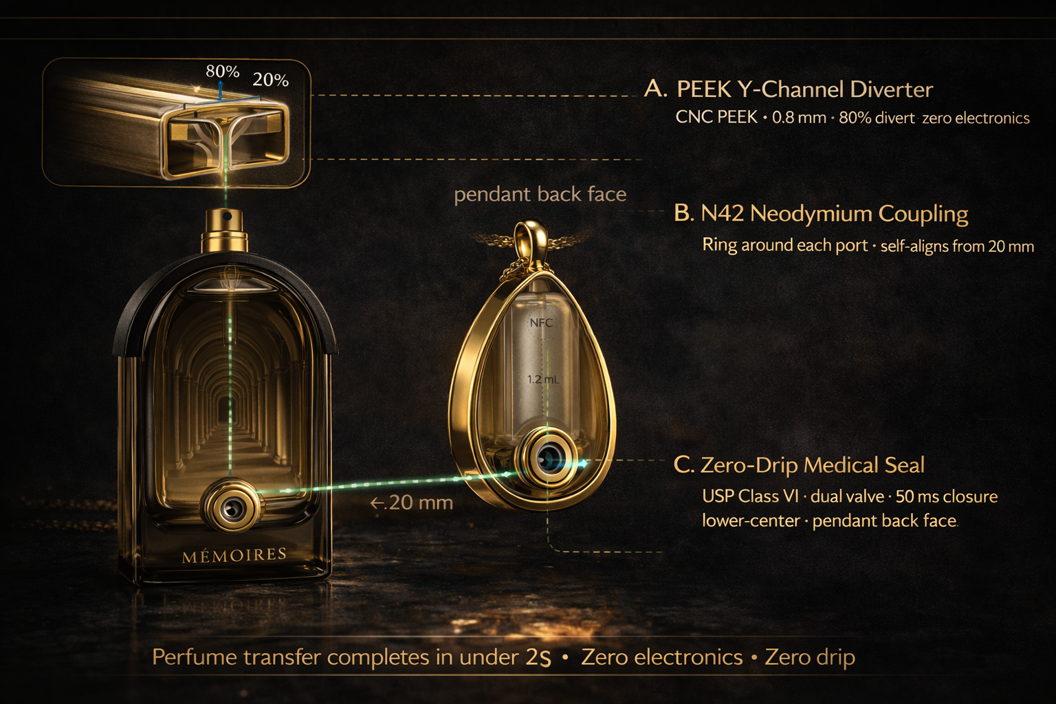 Refill System — PEEK Y-Channel Diverter, N42 Neodymium Coupling, Zero-Drip Medical Seal
